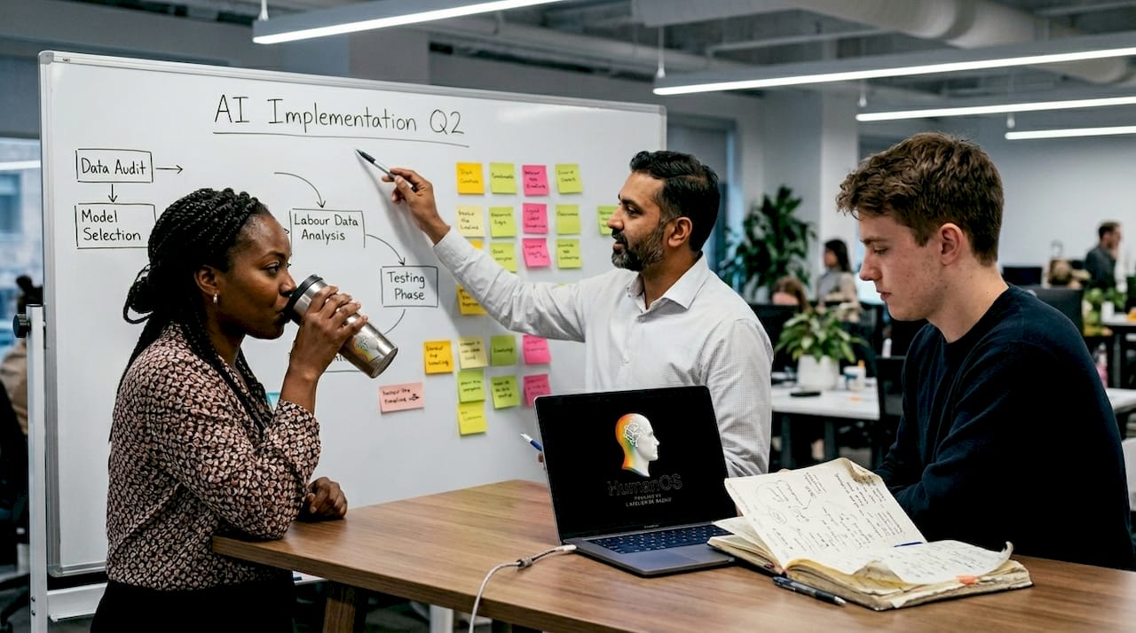 Team reviews AI productivity progress board