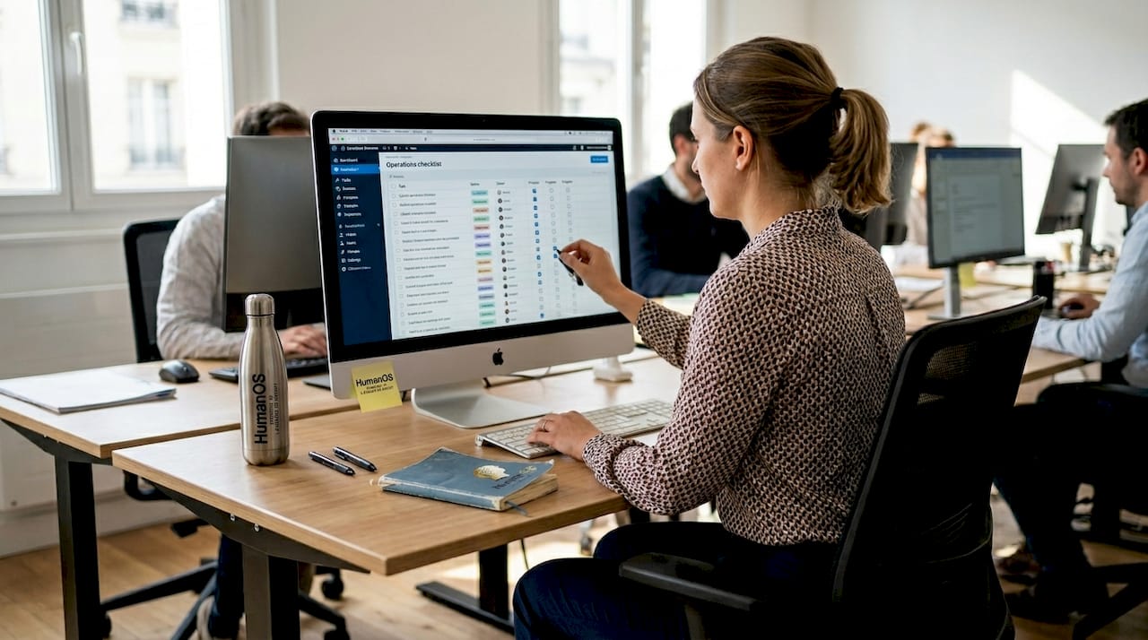 Employee updating checklist on desktop monitor