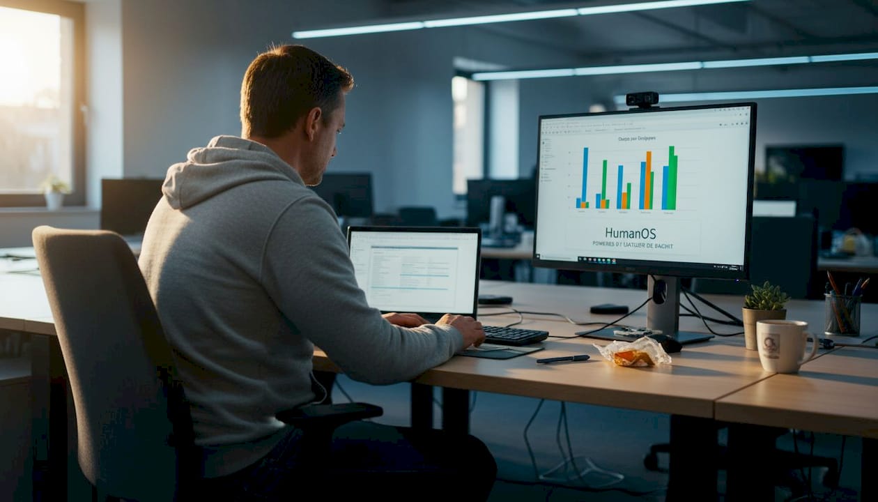 Employee reviews sales data at cluttered desk