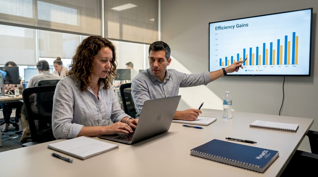 Team meeting showing AI-driven efficiency gains