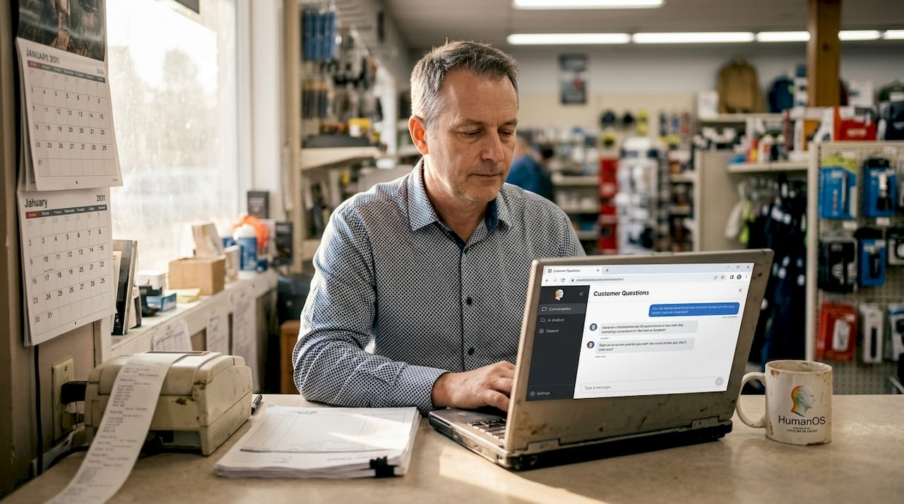 Retail owner checking AI chatbot on laptop