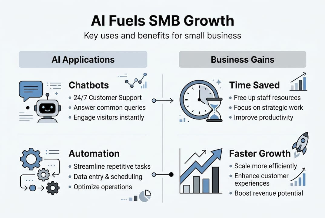 Infographic showing SMB AI uses and business gains