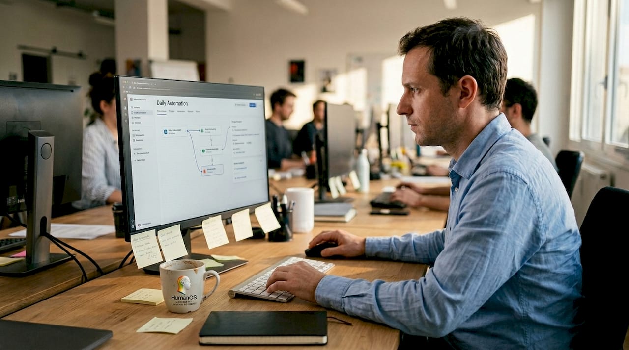 Employee updating project workflow with automation