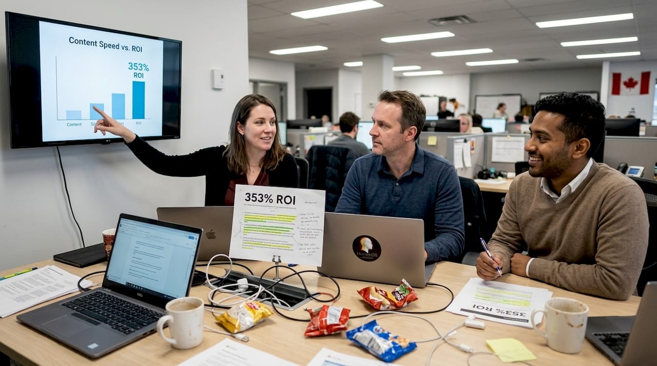 Office team reviewing content automation ROI