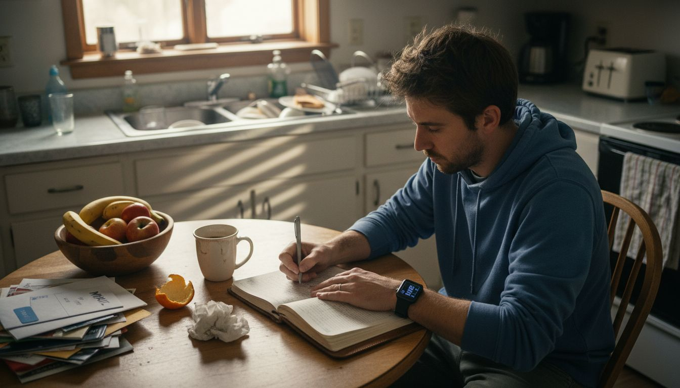 Man journaling and checking health data at table