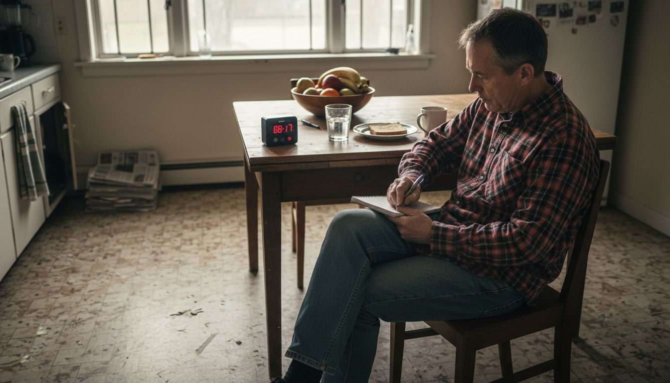 Man tracking emotions in home kitchen routine