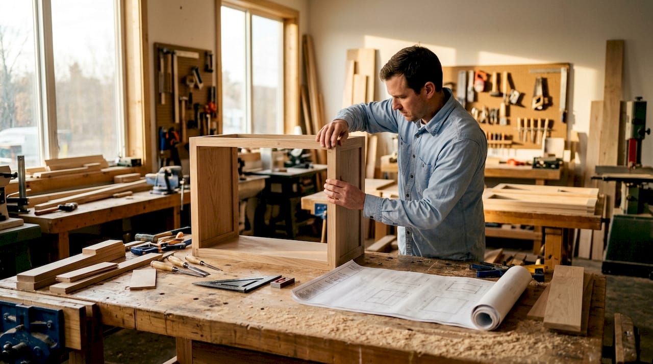 Carpenter assembling framed cabinet frame