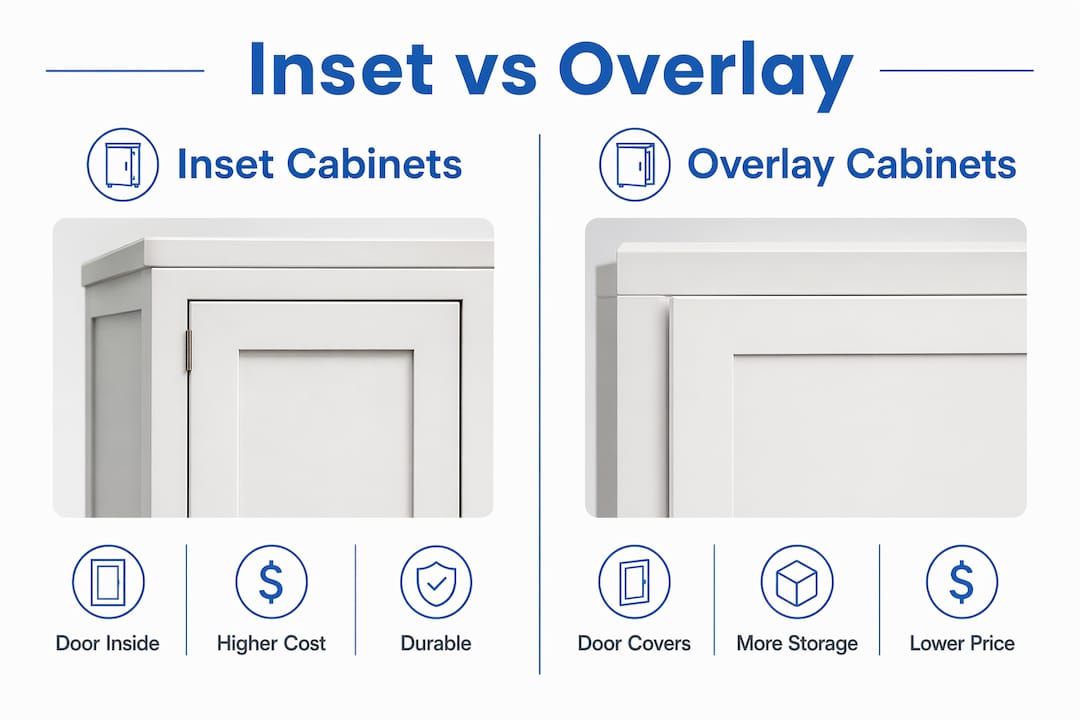 Comparison infographic of inset and overlay cabinets