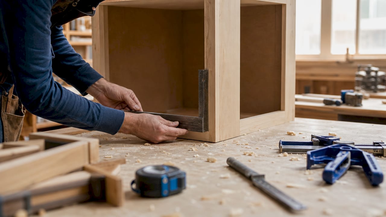 Carpenter checking cabinet frame squareness with square tool
