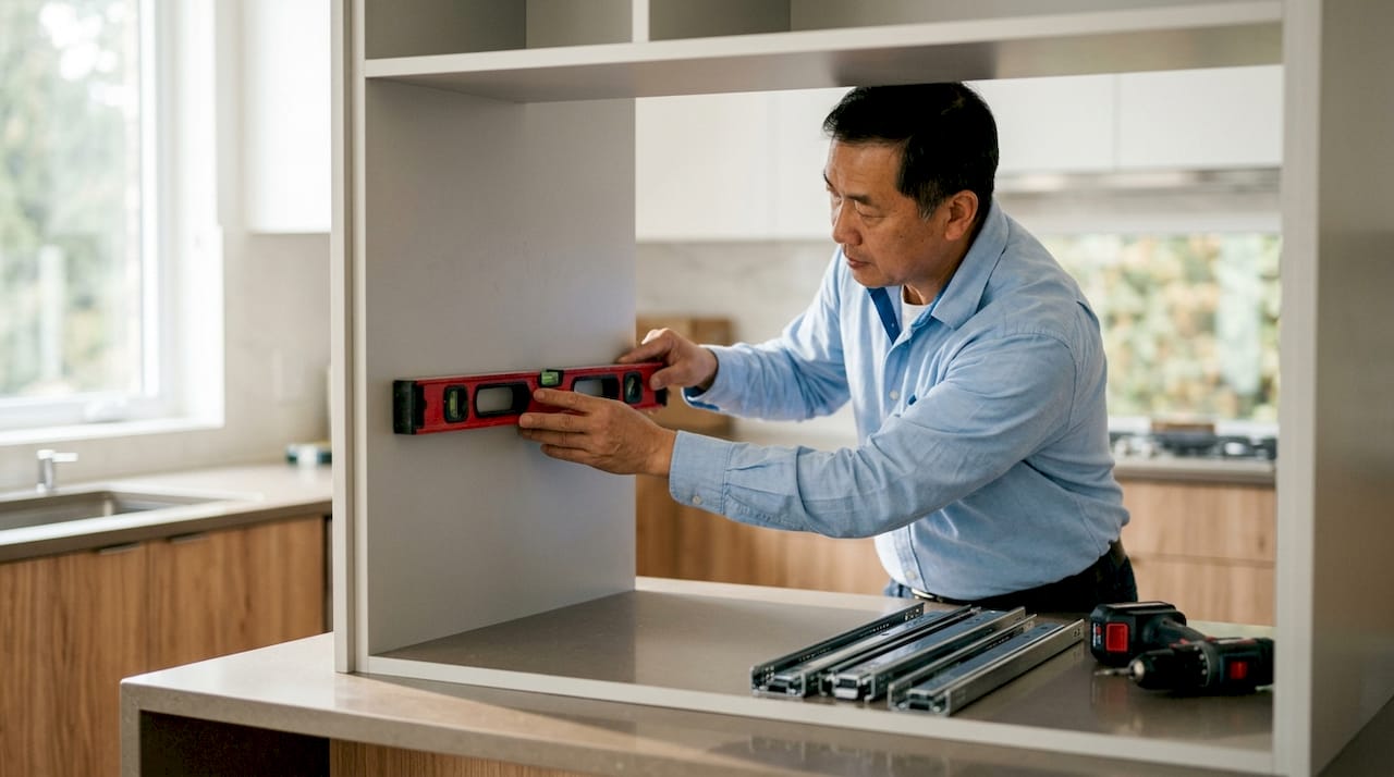 Hands leveling drawer slide inside cabinet
