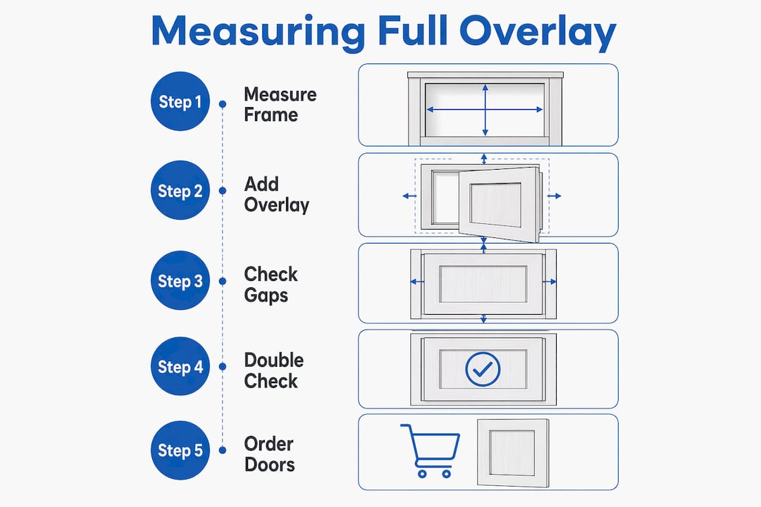 Infographic showing full overlay cabinet door measurement steps