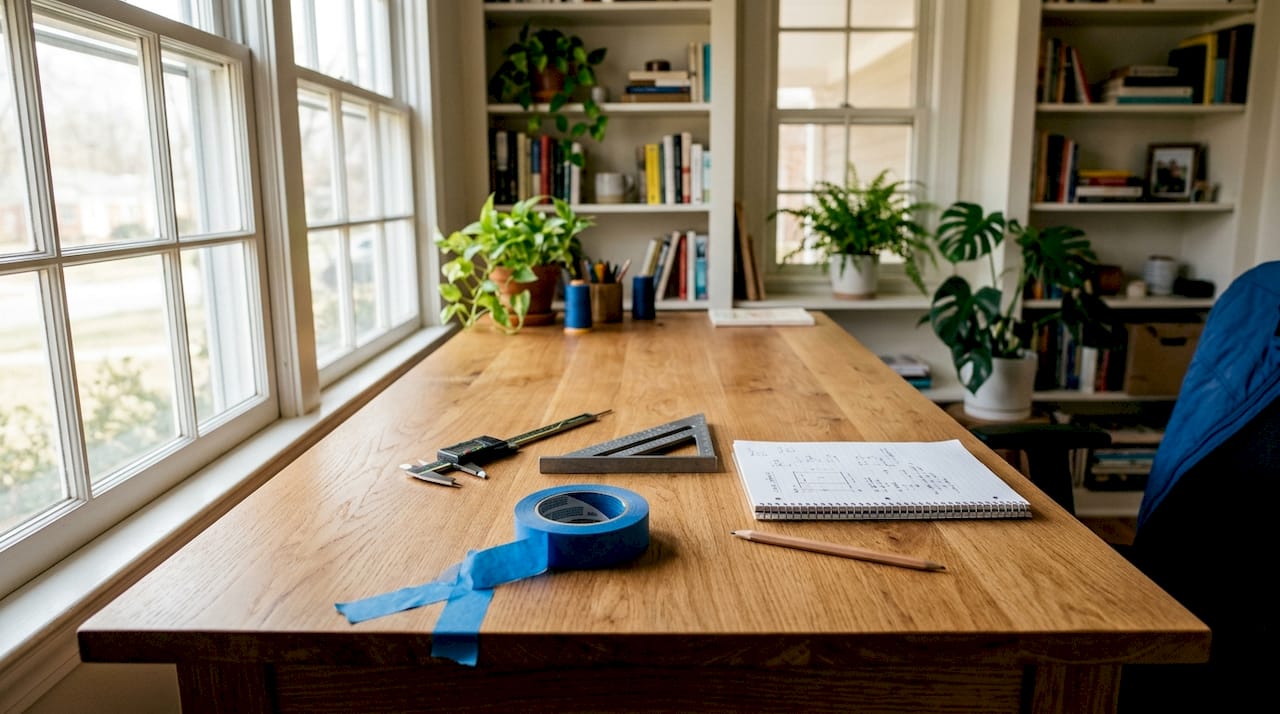 Close-up of measuring tools on workbench with notes