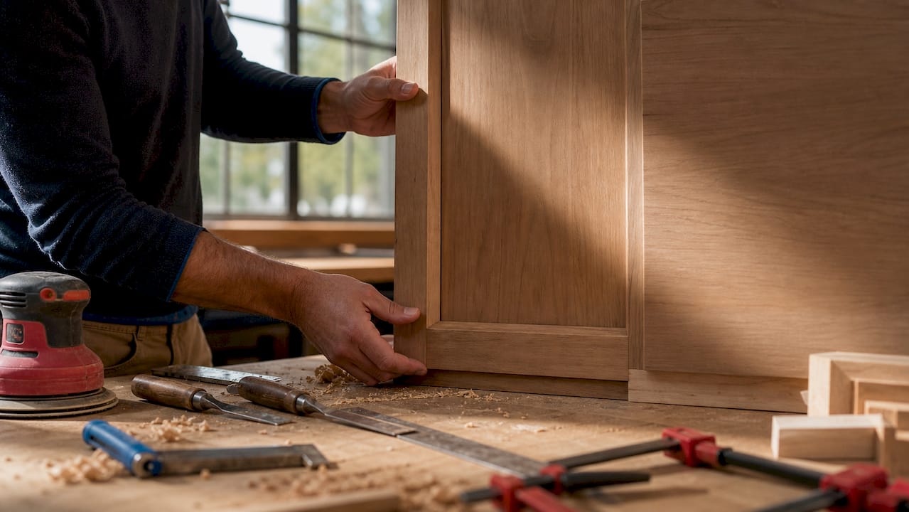 Hands fitting full-overlay cabinet door onto frame