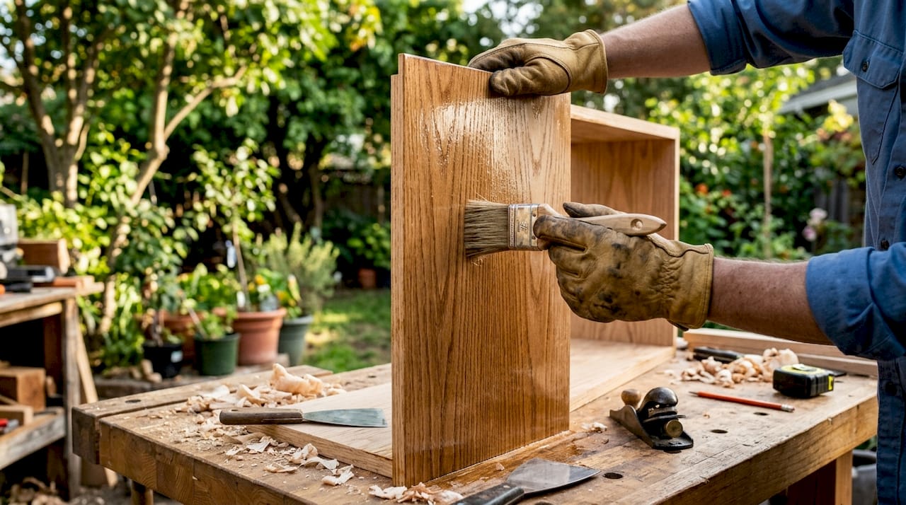 Hands finishing wood cabinet side panel