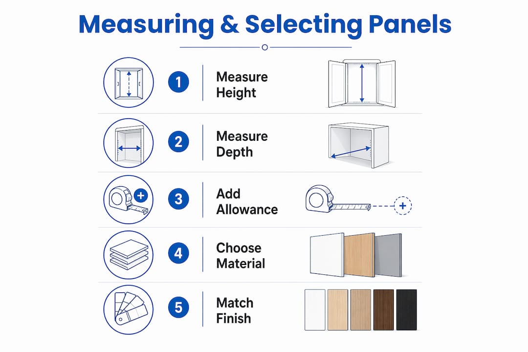 Infographic showing measuring and selecting cabinet side panels