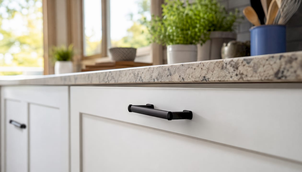Modern kitchen drawer with matte black pulls and raised panel