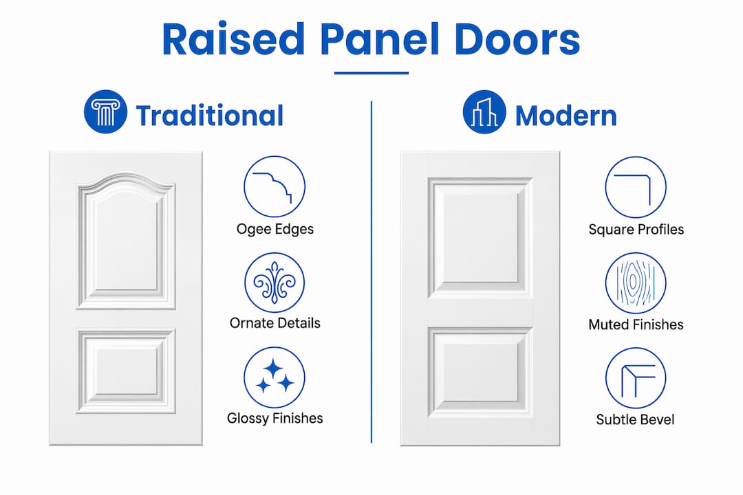 Infographic comparing traditional versus modern raised panel cabinet doors