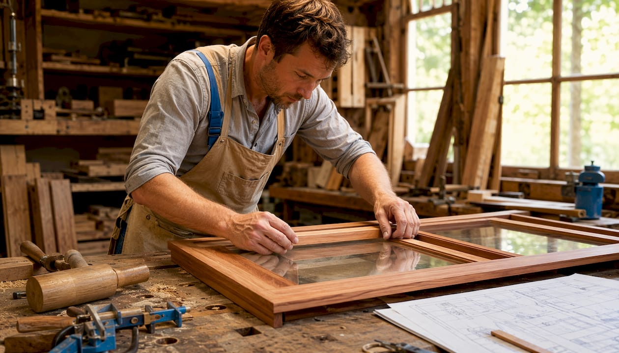 Craftsman assembling mullion door frame