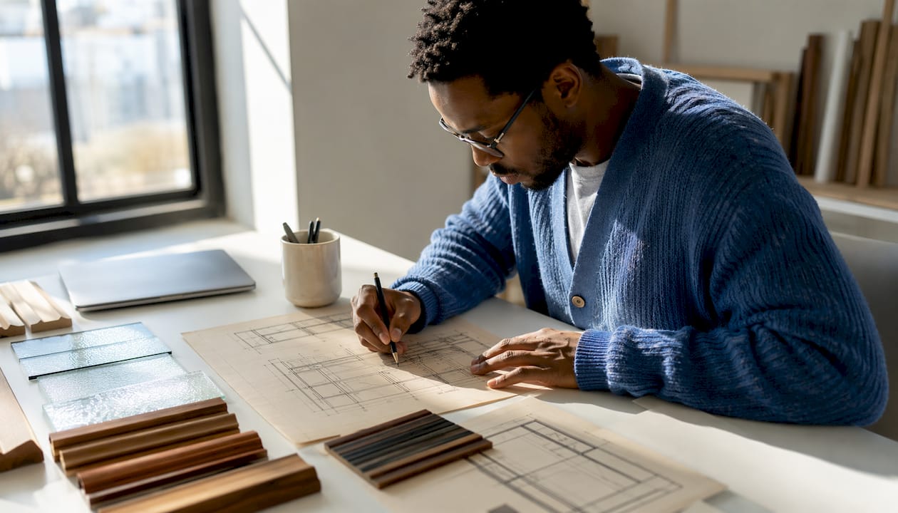 Designer sketching mullion door patterns