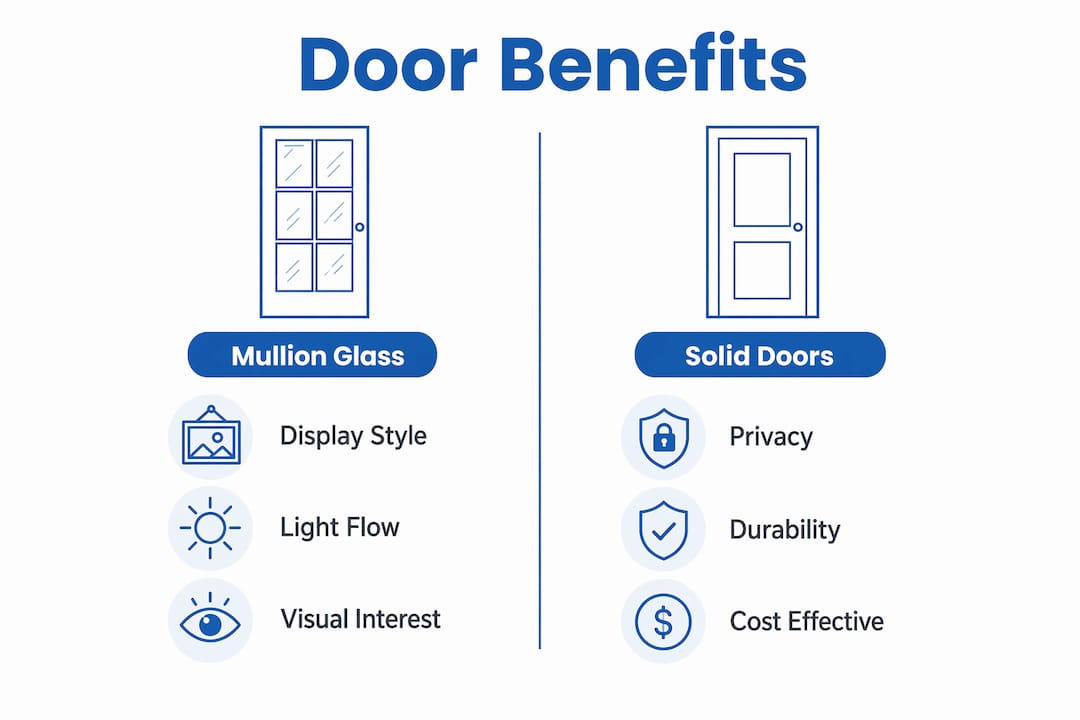 Infographic showing benefits of mullion glass vs solid doors