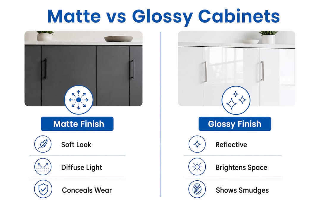 Infographic comparing matte and glossy kitchen cabinets
