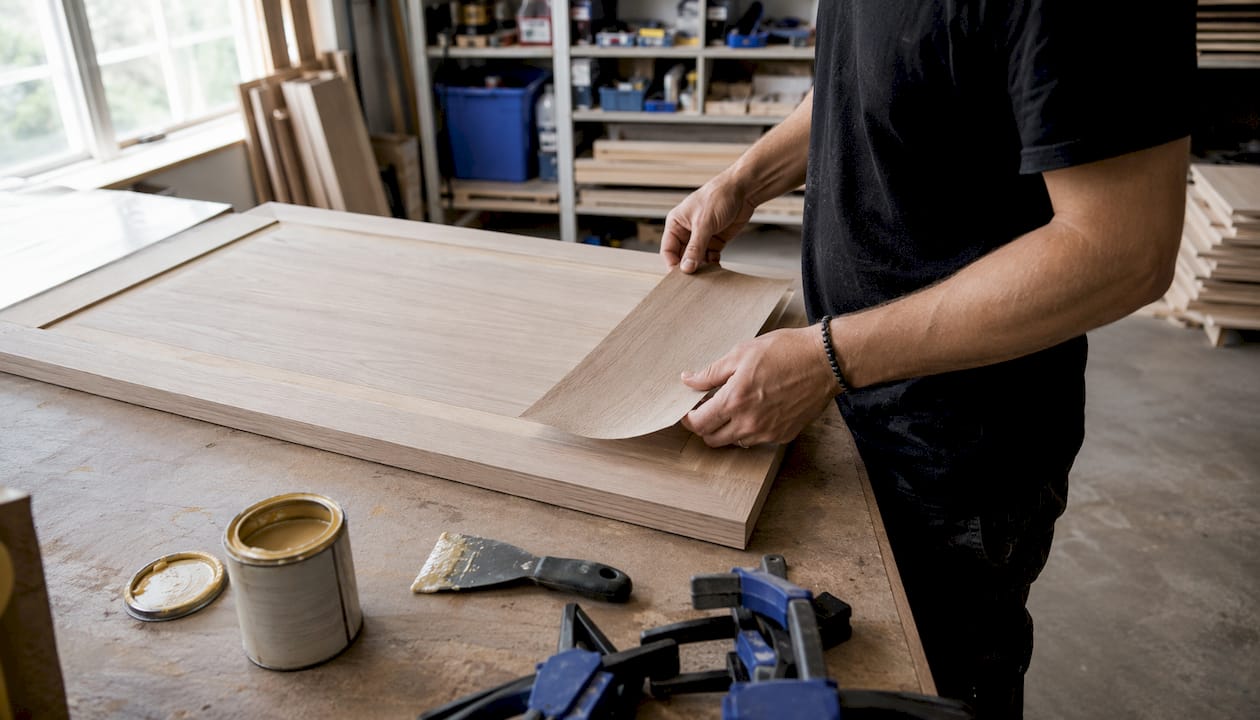 Hands applying veneer to cabinet door