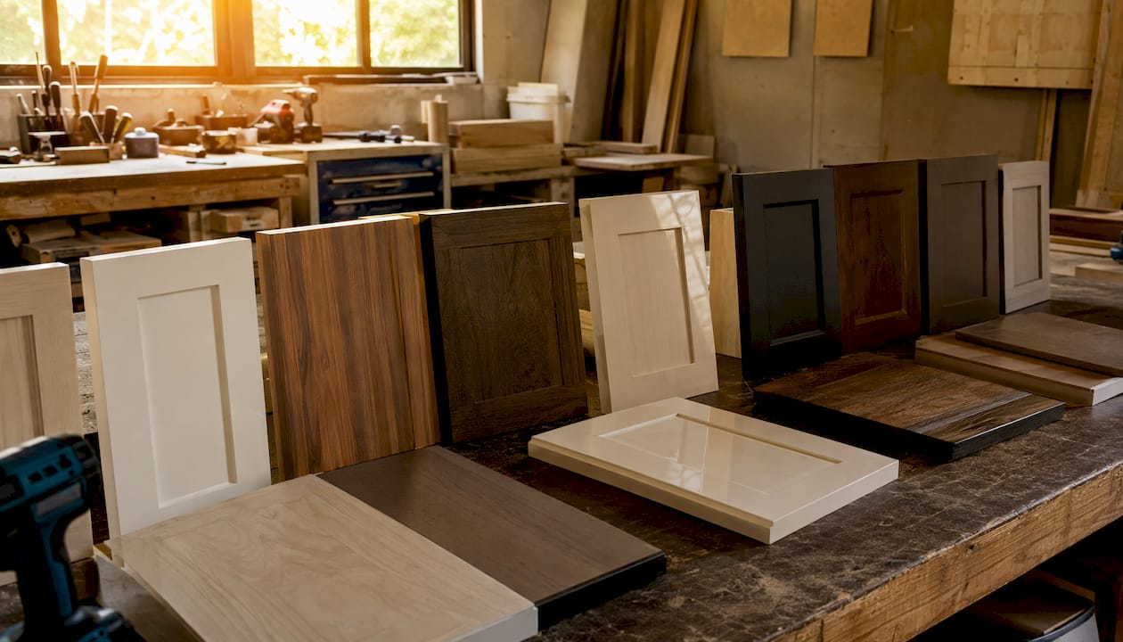 Bathroom cabinet door material samples on countertop