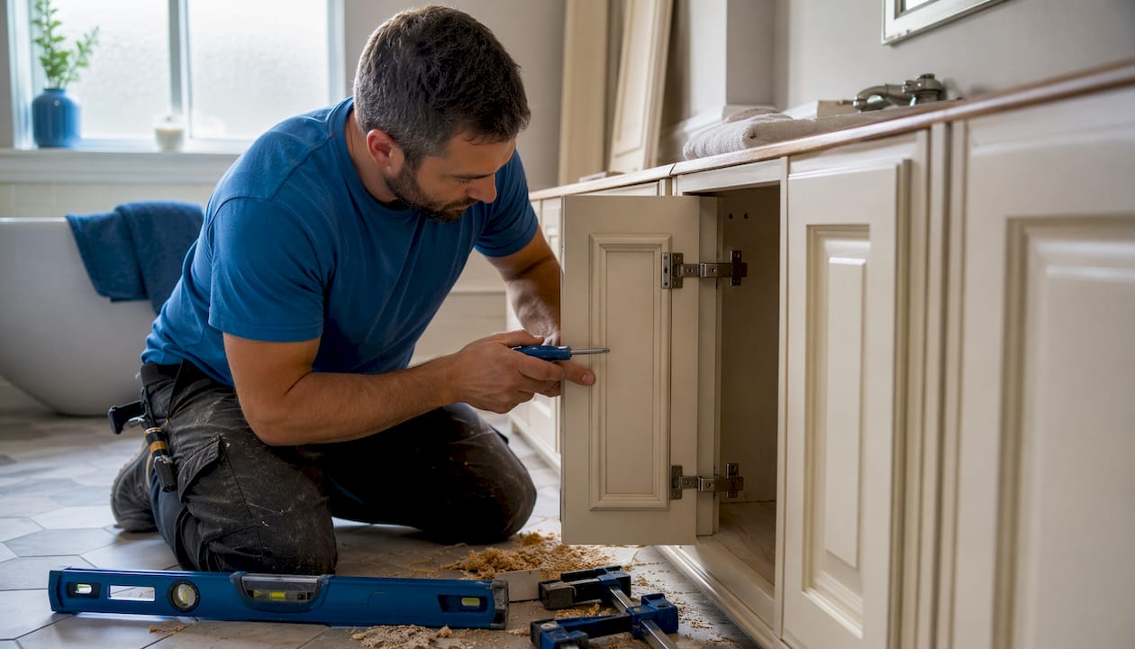 Hands installing raised panel bathroom door