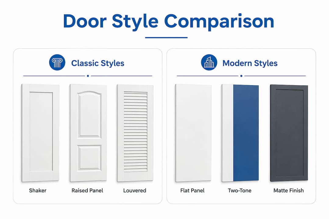 Infographic comparing classic and modern bathroom cabinet door styles