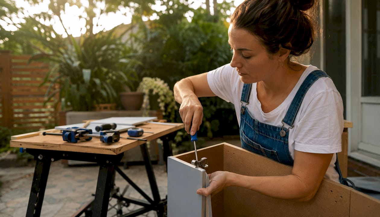 Woman installing IKEA cabinet door front
