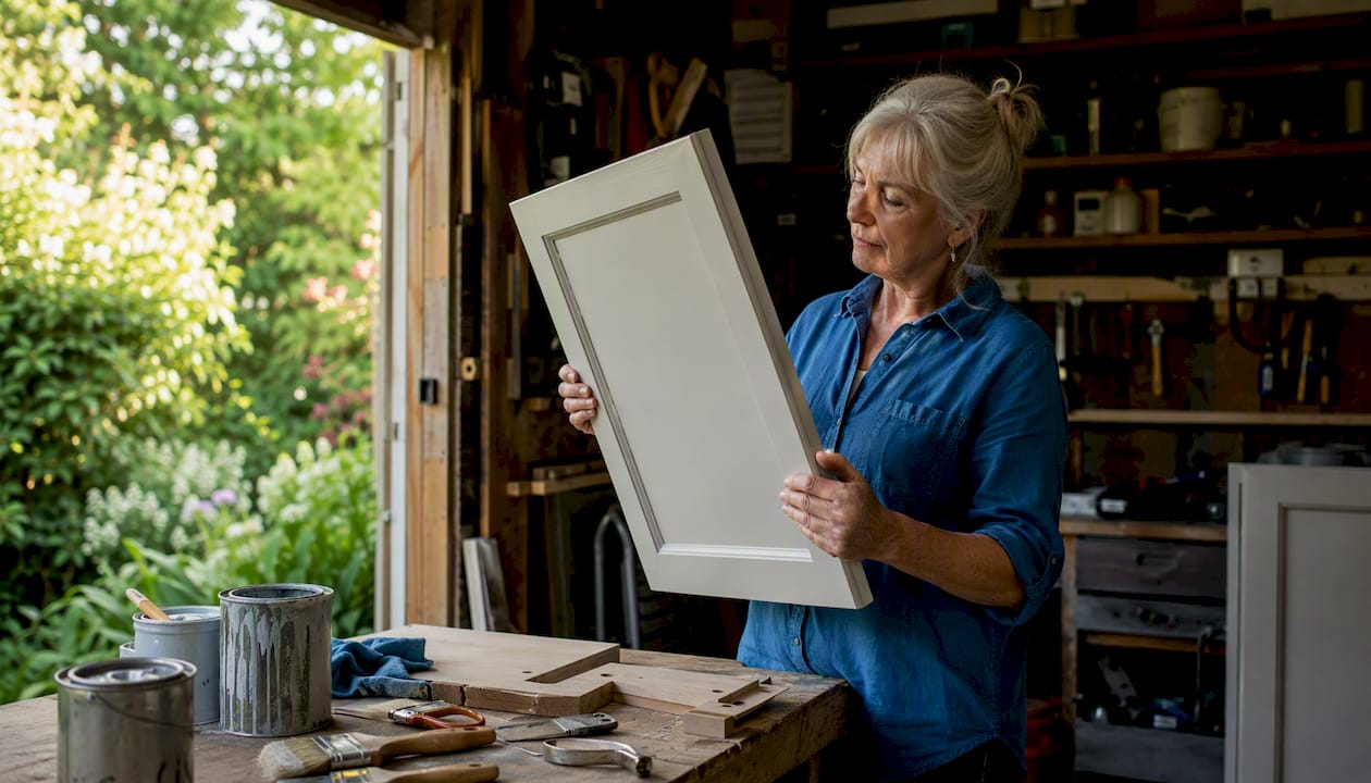 Hands inspecting freshly painted cabinet door in workshop