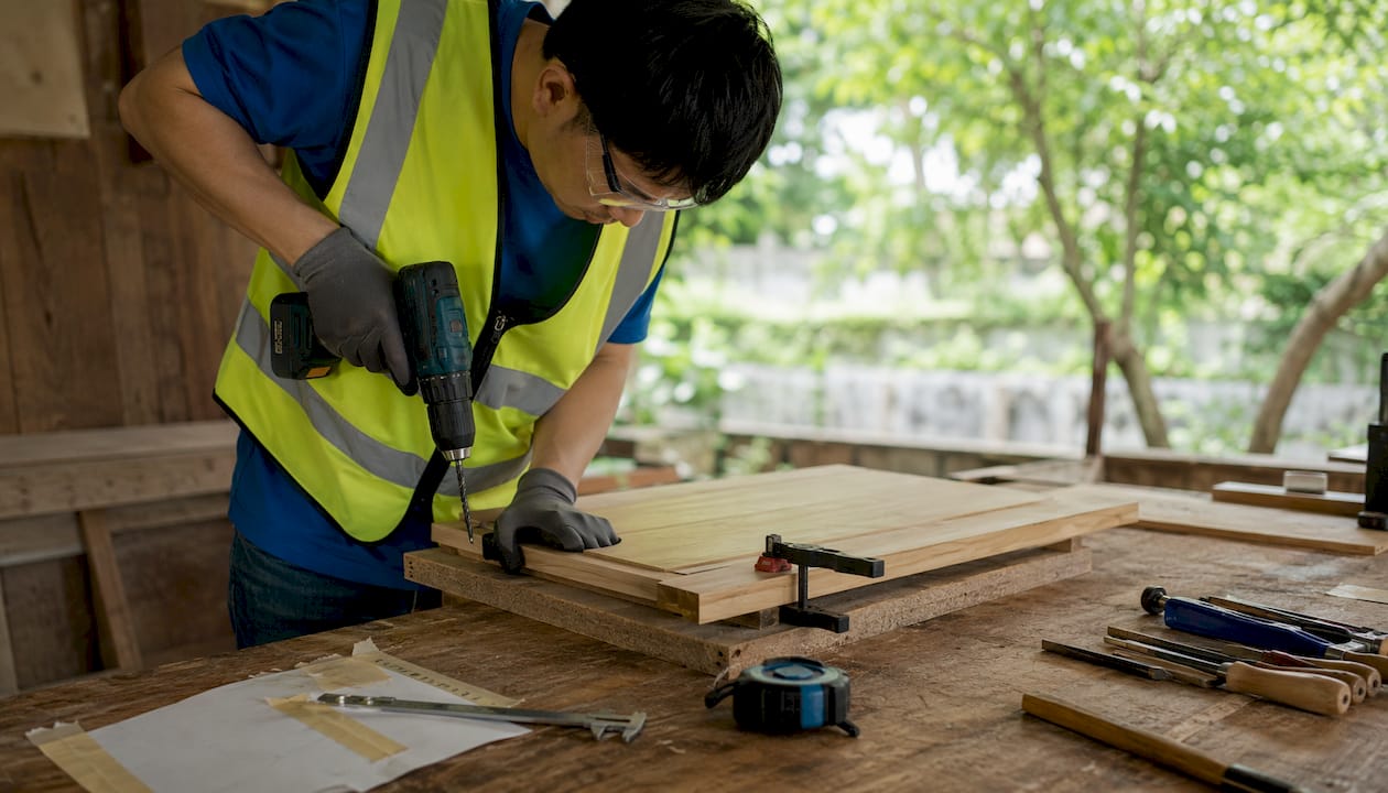 Close-up of hardware drilling safety tools
