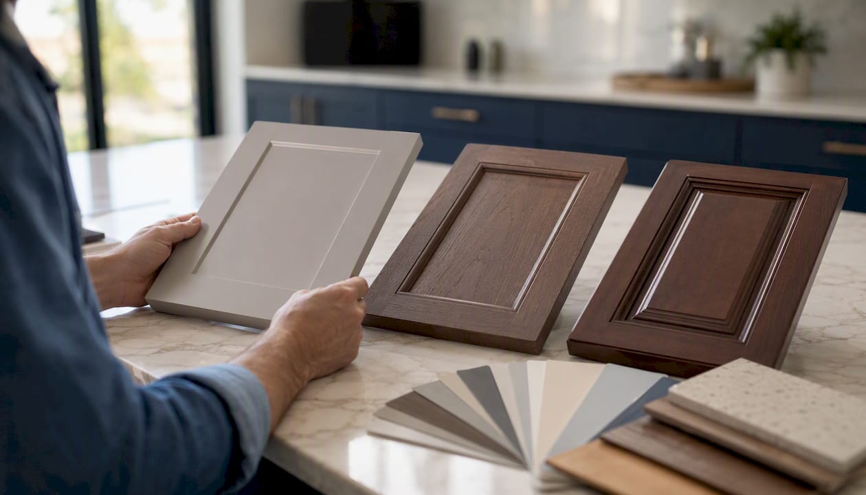 Hands holding different cabinet door style samples