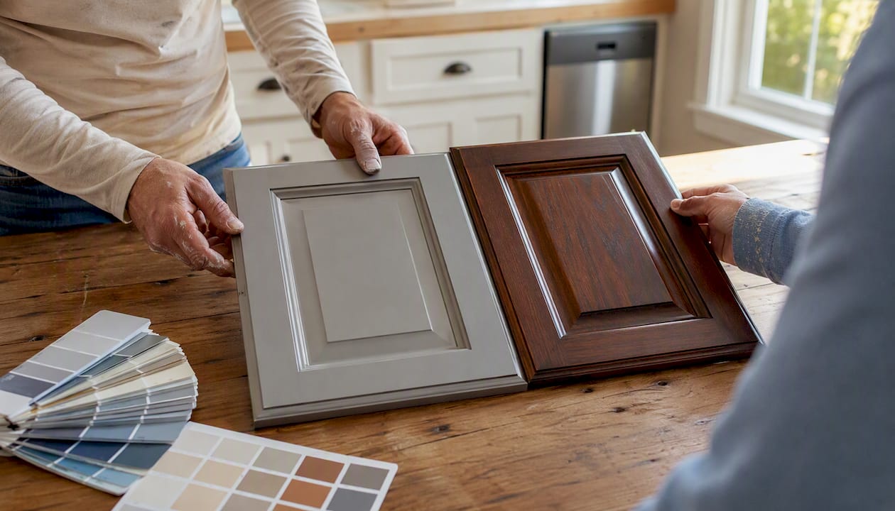 Hands holding matching warm tone cabinet samples