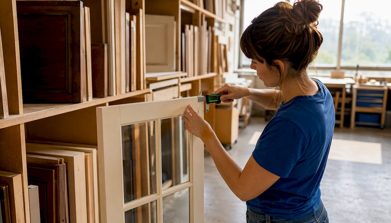 Woman measuring cabinet door glass opening with caliper