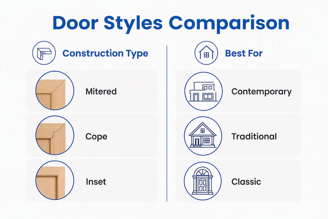 Infographic comparing glass-ready door construction types and uses