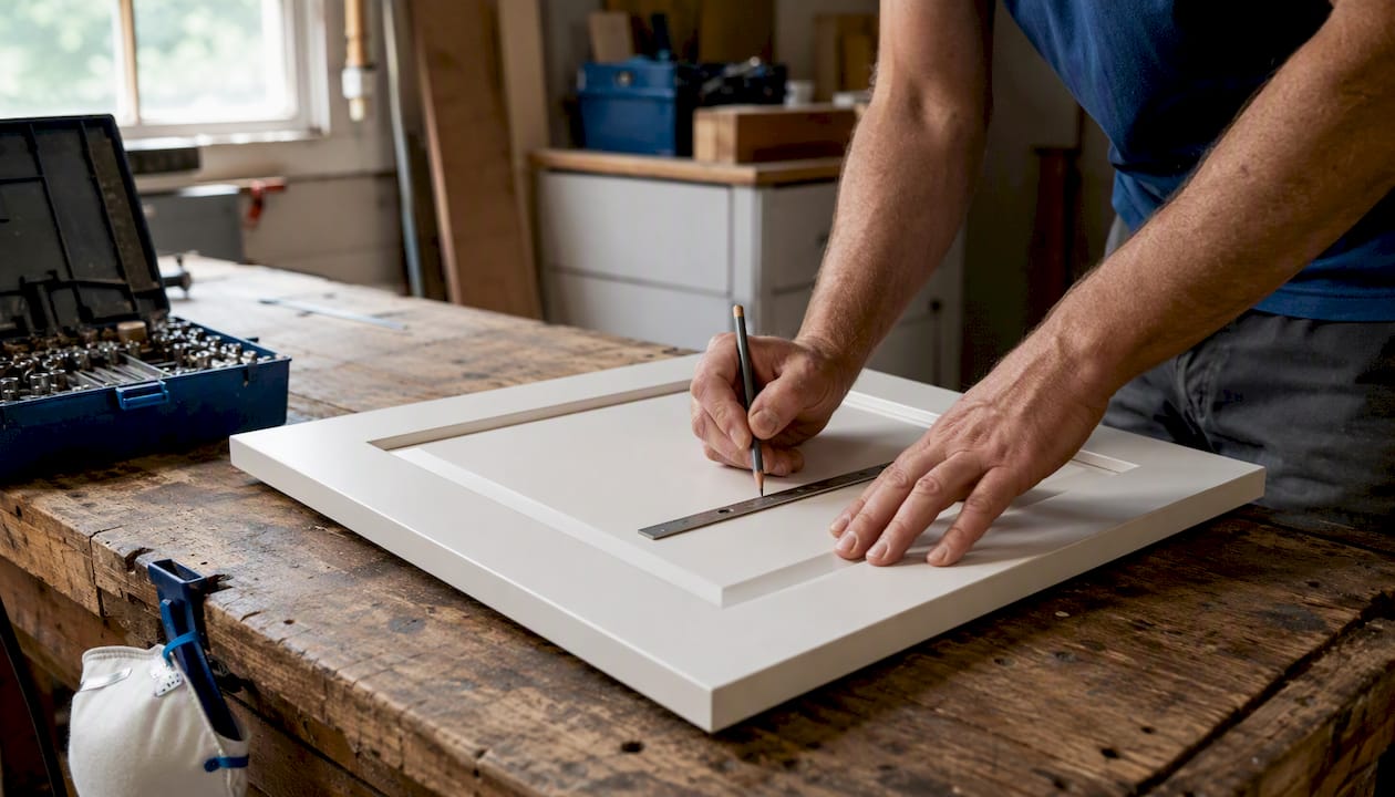 Overhead view of drilling hardware holes in cabinet door