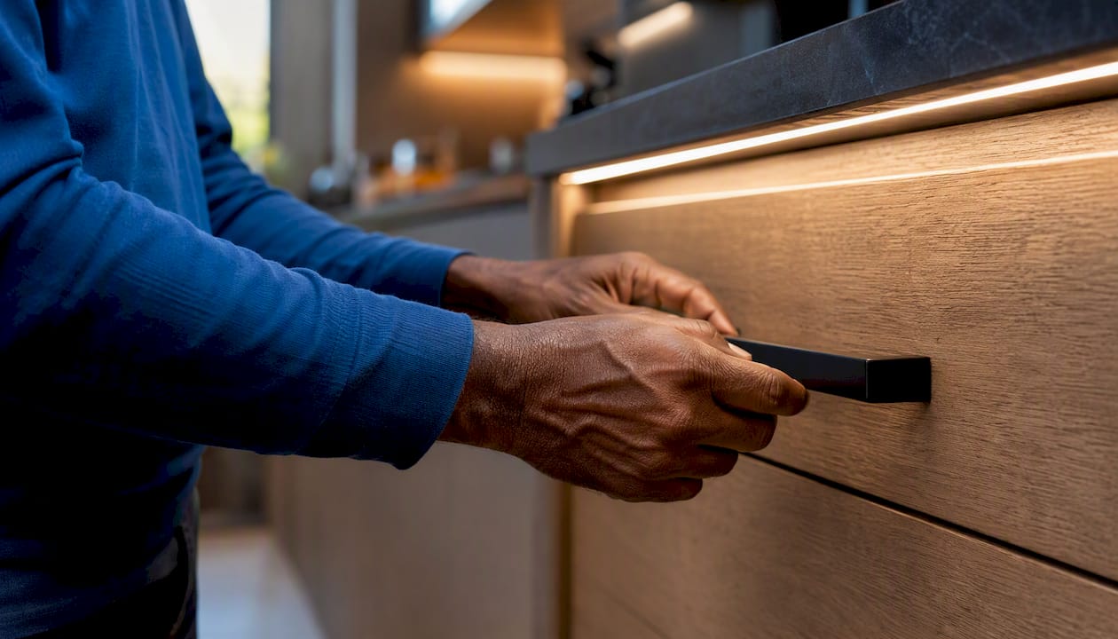 Close-up of hands using drawer pull hardware