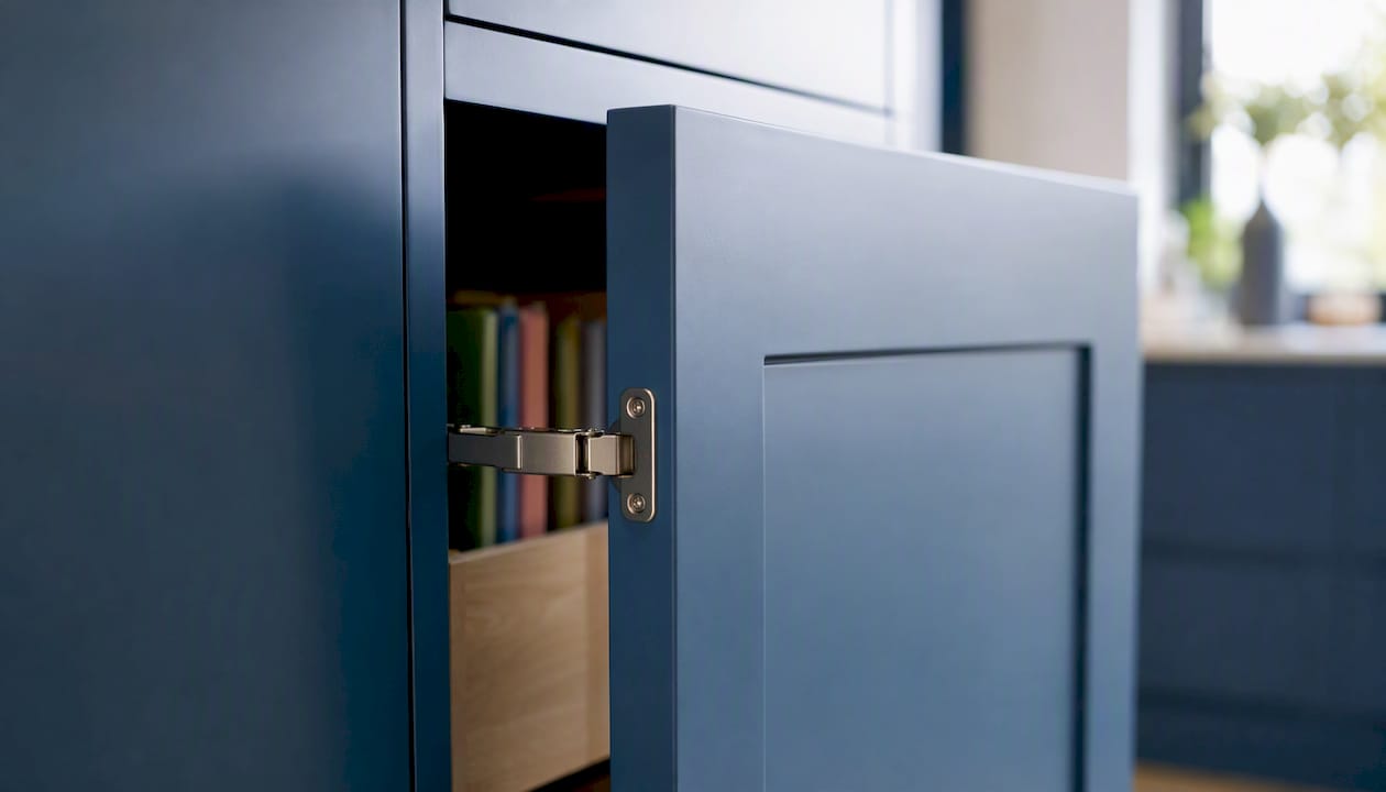 Overlay cabinet door and hinge close-up