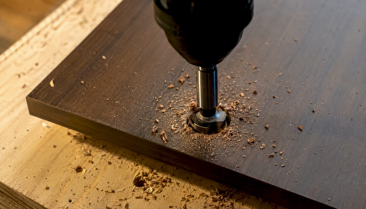 Drilling clean 35 mm hinge cup hole in cabinet door