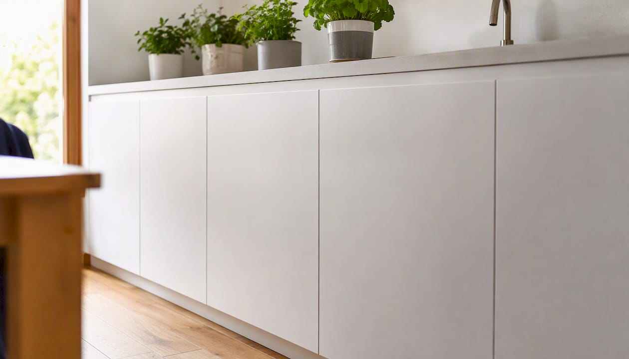 Flat white slab cabinet doors in small kitchen