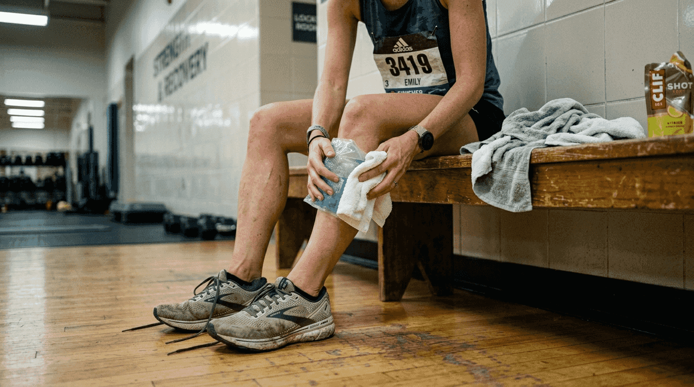 Runner icing muscles after marathon