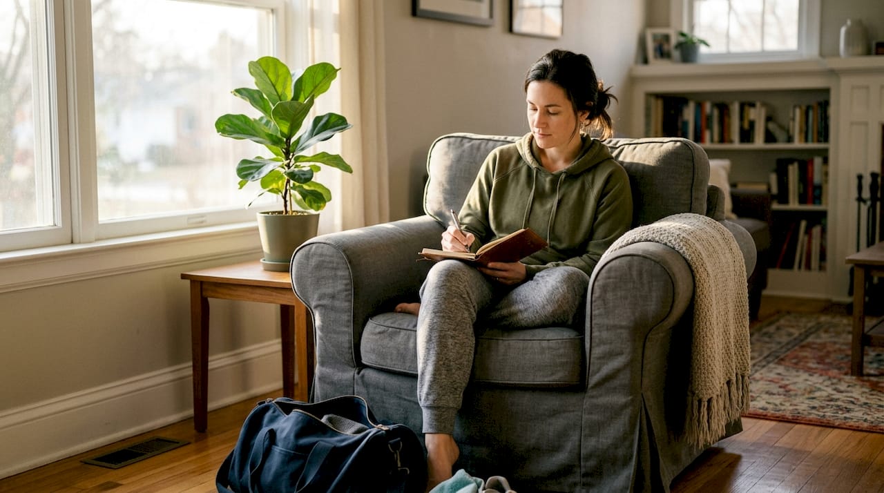 Woman journaling after cold therapy in living room
