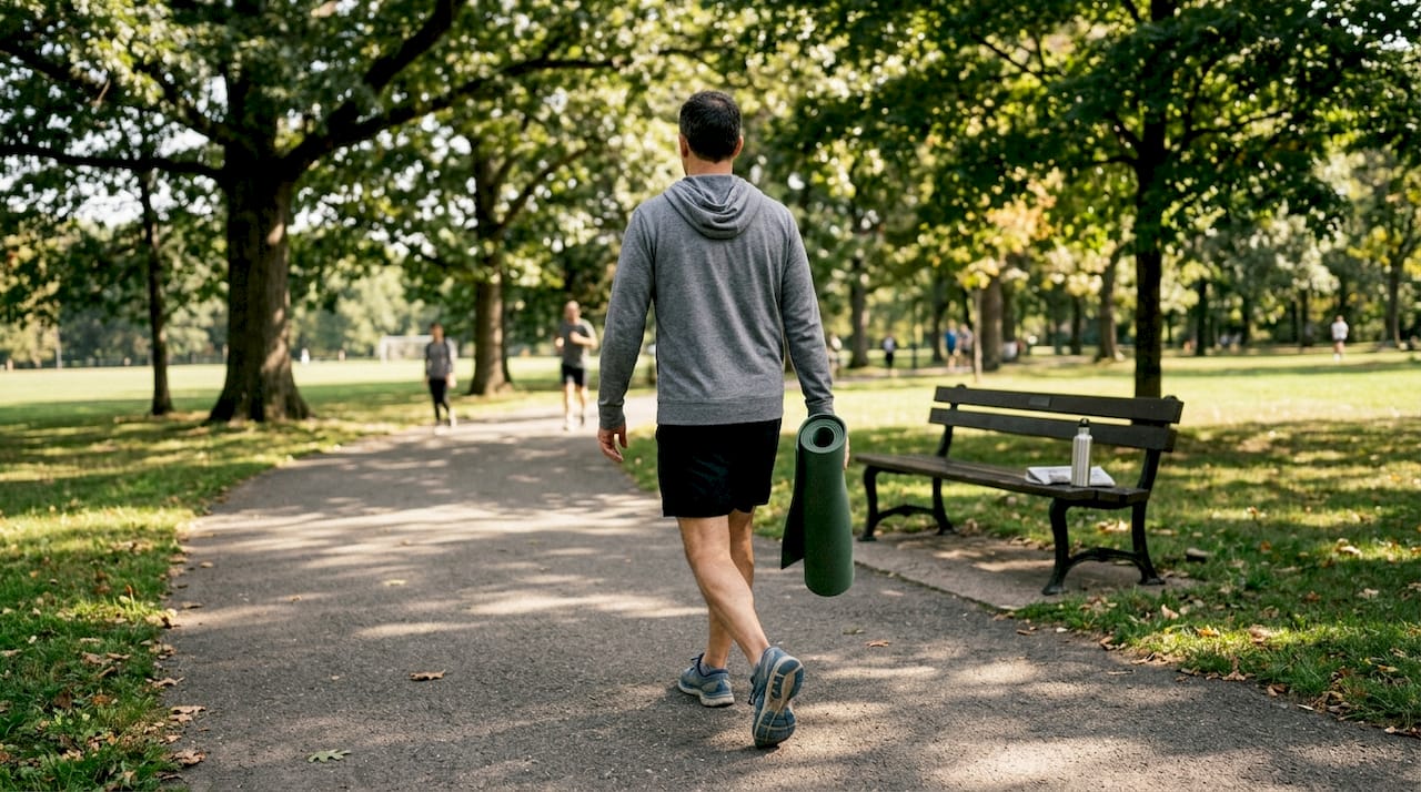 Man walking in park for active recovery