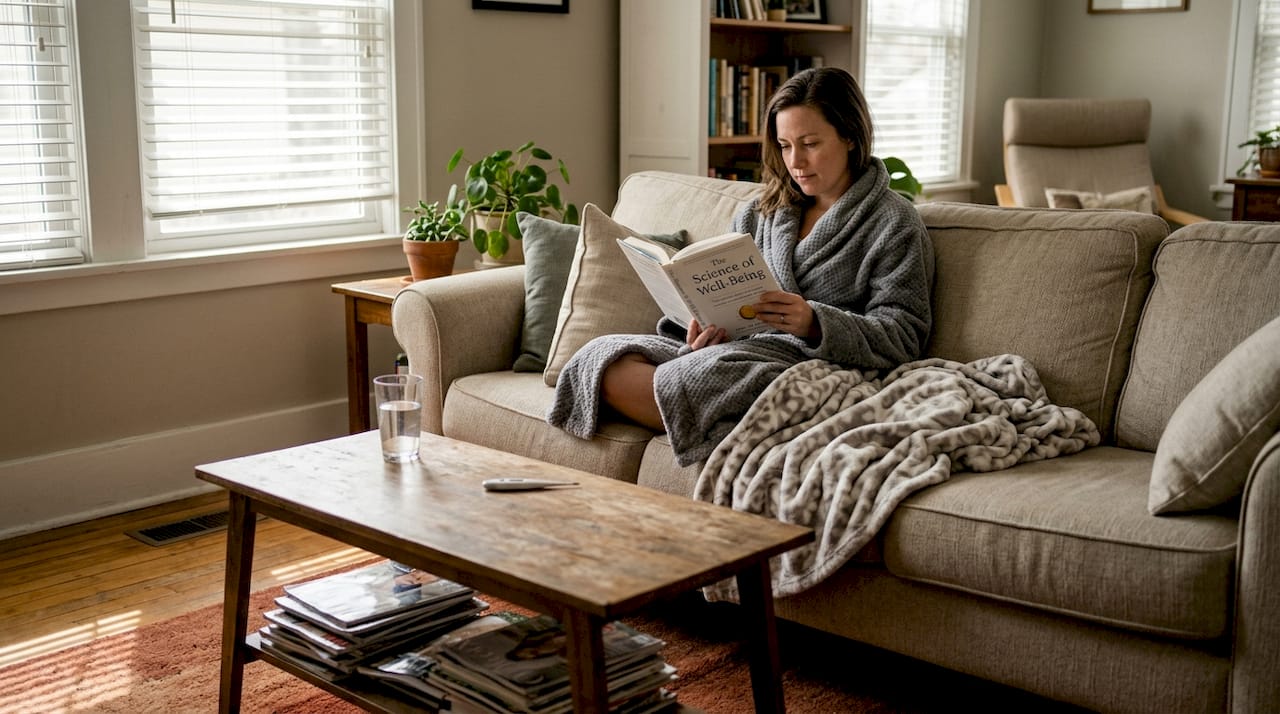 Woman relaxing post cold therapy at home