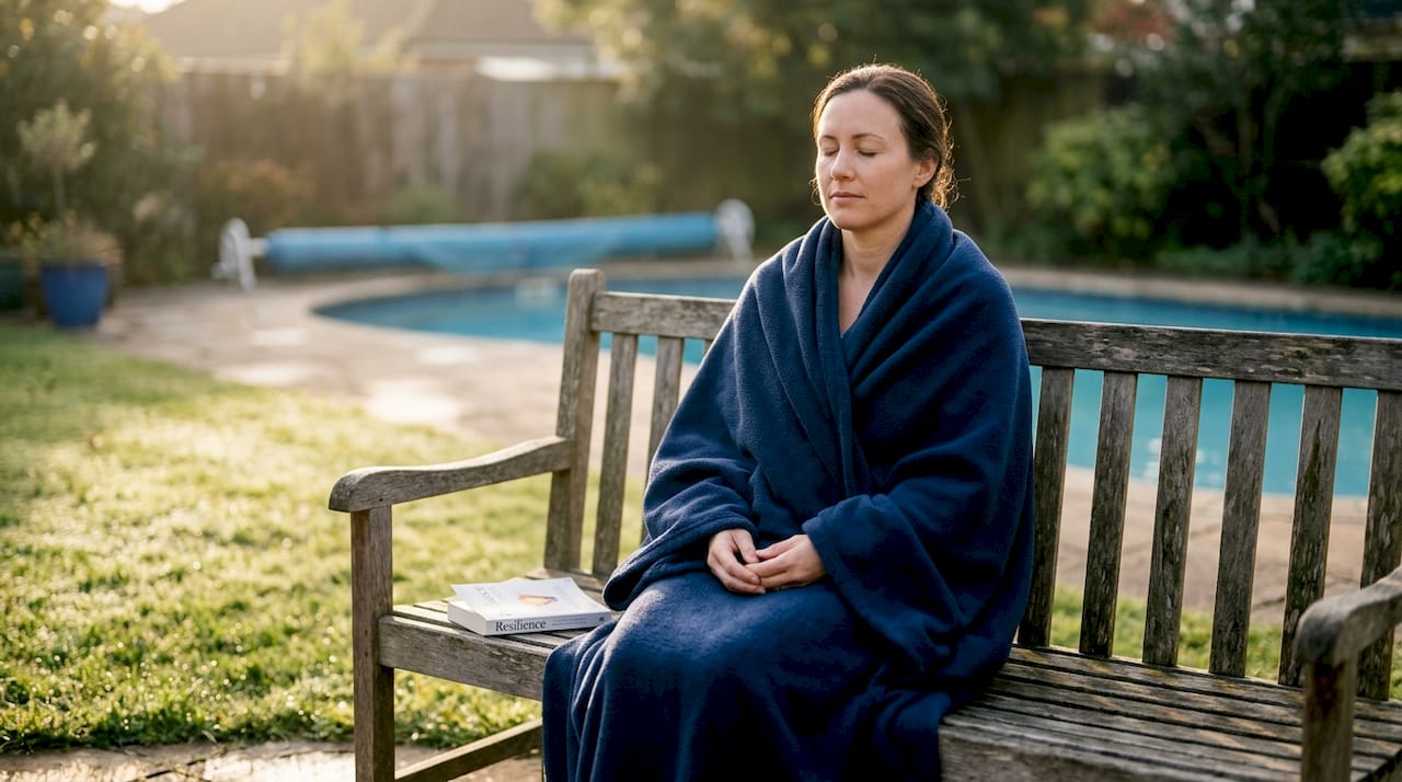 Woman relaxing post cold plunge outdoors