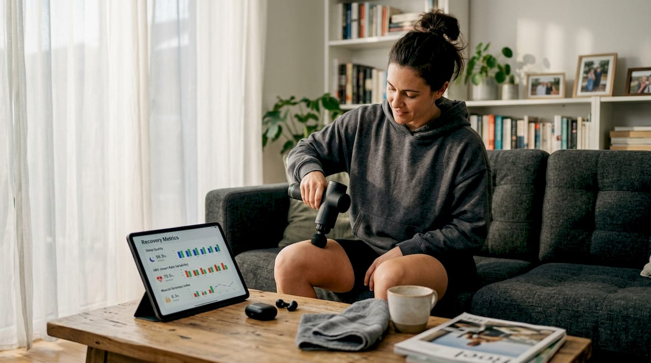 Woman using recovery tech devices at home