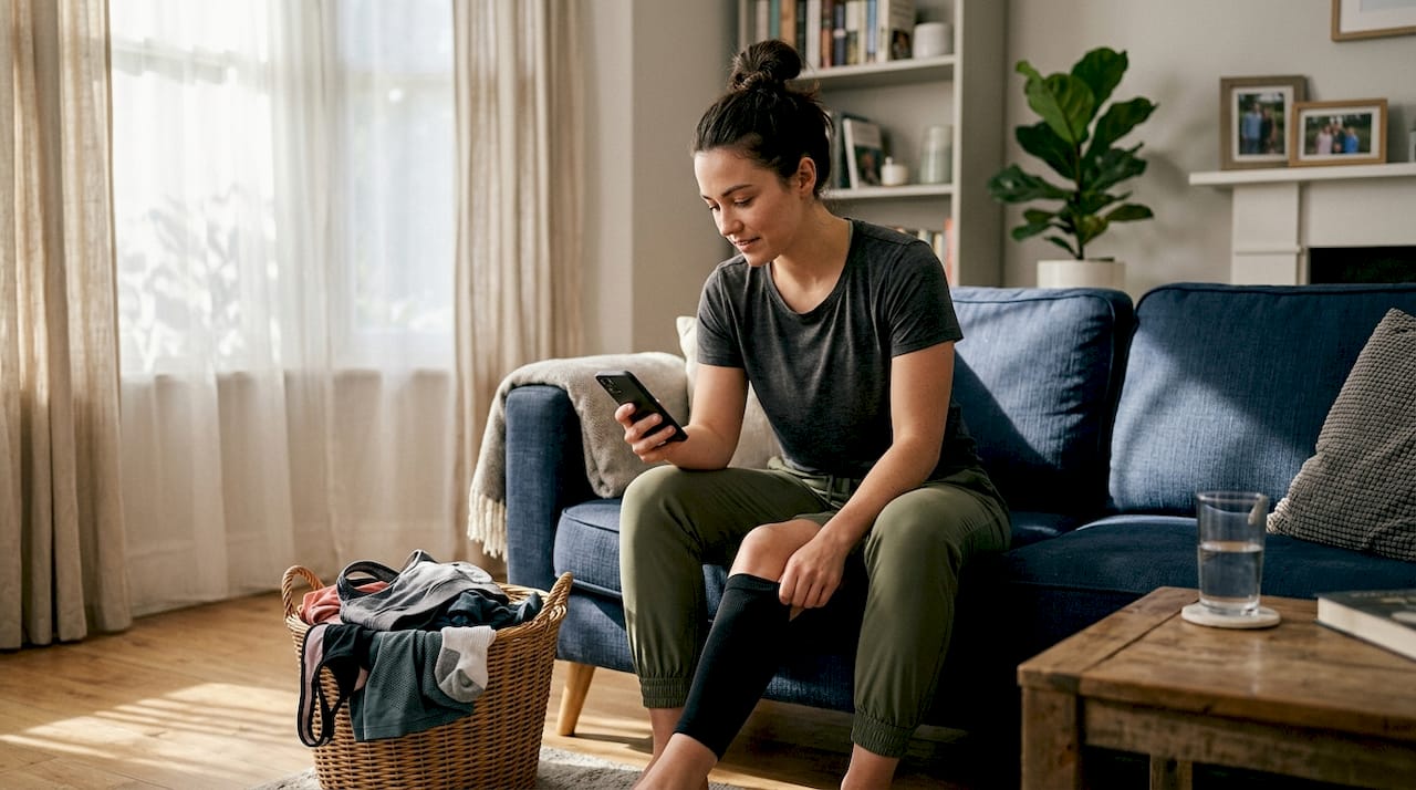 Woman adjusting compression sleeve post-workout
