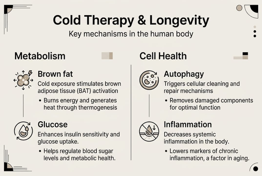 Infographic explaining cold therapy longevity mechanisms