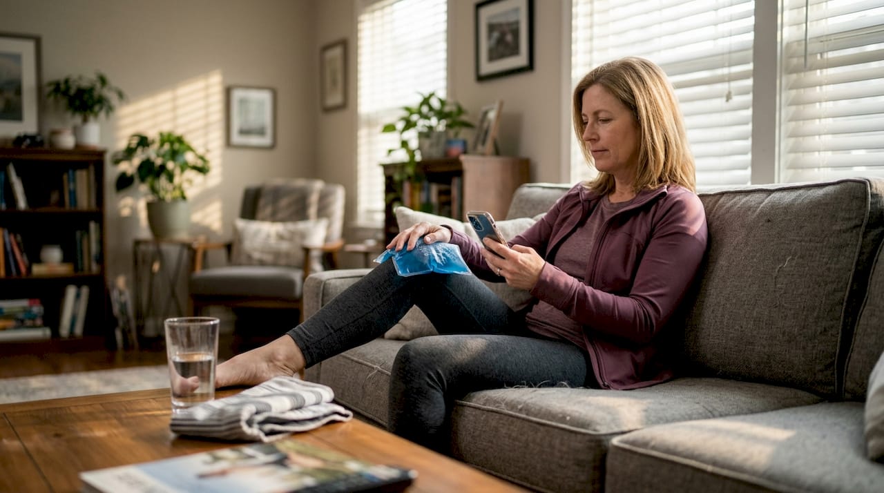 Woman using ice pack for cold therapy at home